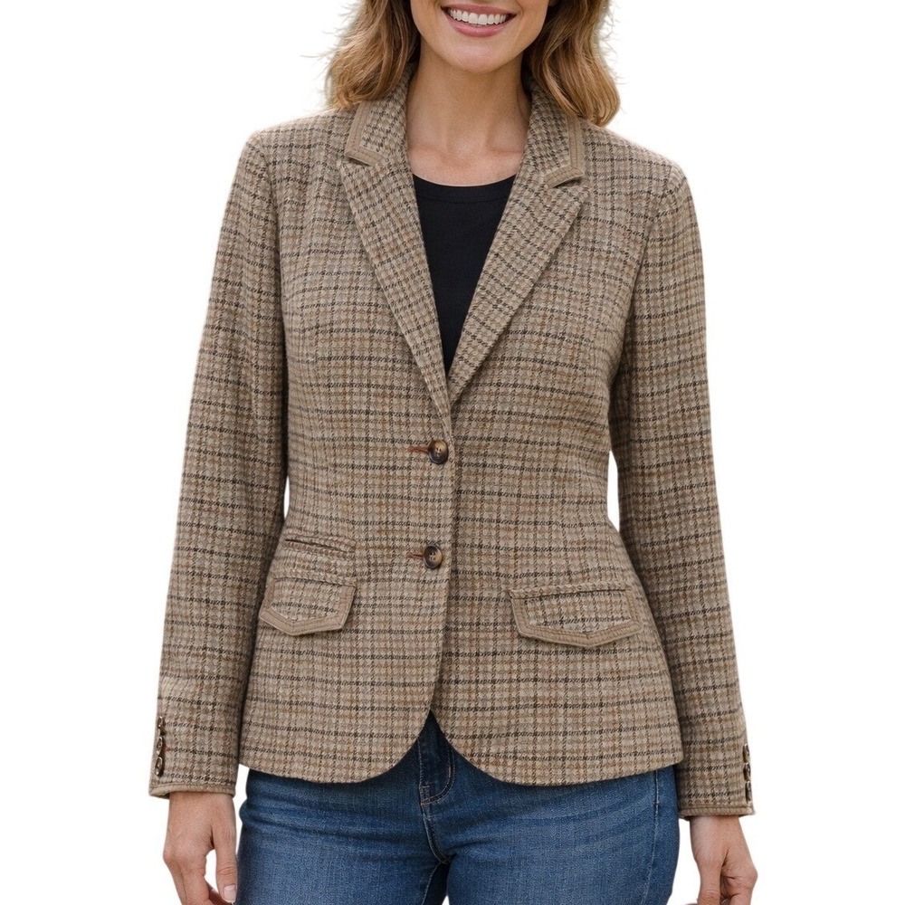 ROCHA JOHN‎ ROCHA Beige Check Wool Blend Tweed Riding Style Fitted Jacket US 14